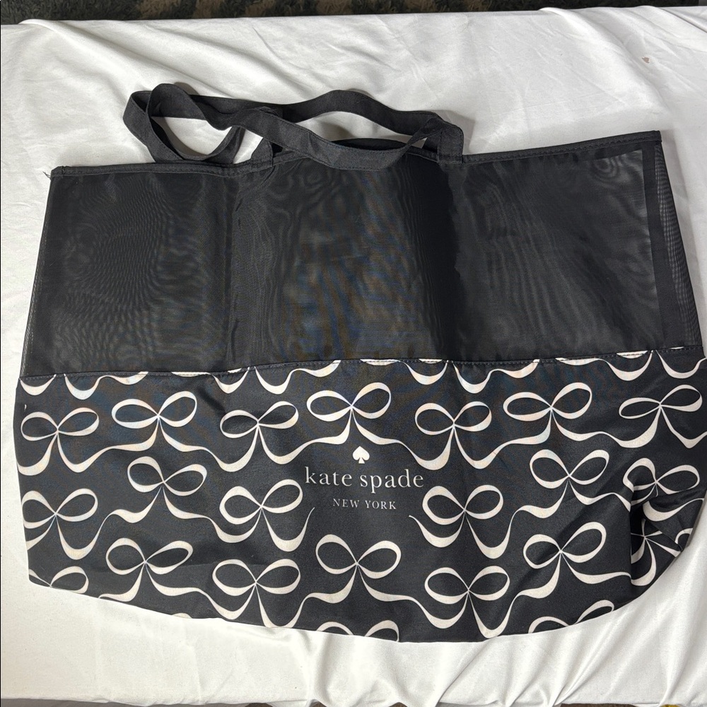 Kate Spade black and white ribbon shopping tote travel beach XL